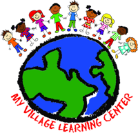 A colorful logo for "My Village Learning Center," featuring a globe surrounded by diverse, symbolizing unity and learning.