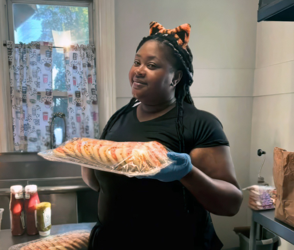 A smiling teacher wearing cat ears holds a tray of food, showcasing her culinary skills in a cozy kitchen setting.